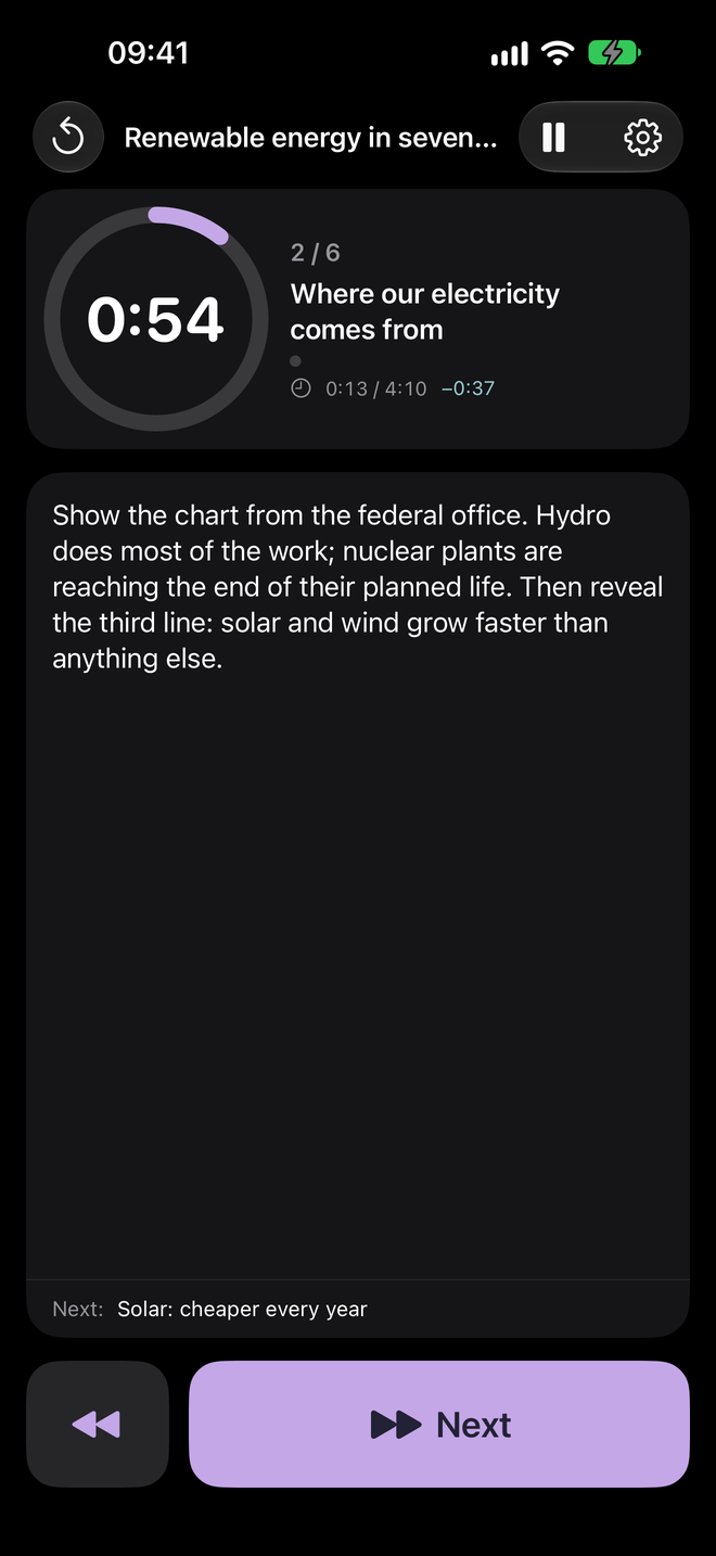 iPhone: countdown, slide title, speaker notes, next slide, Back / Next buttons