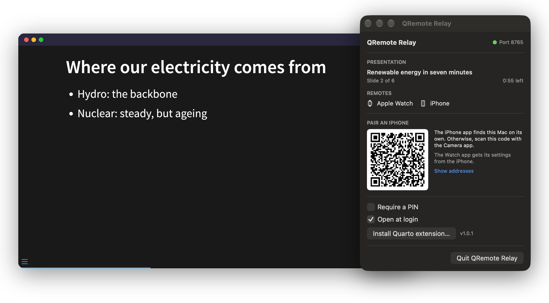 A presentation in a browser window, and the QRemote Relay menu: the open presentation, the connected remotes, the pairing code