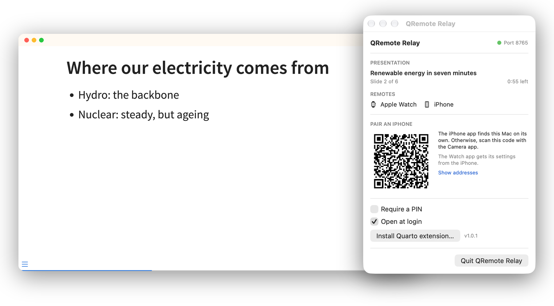 A presentation in a browser window, and the QRemote Relay menu: the open presentation, the connected remotes, the pairing code