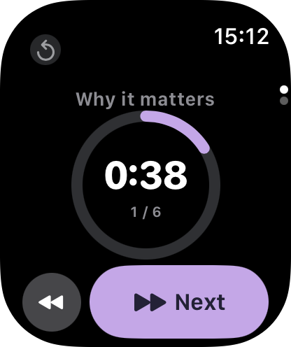 Apple Watch: countdown of the current slide, with its title, and Back / Next buttons
